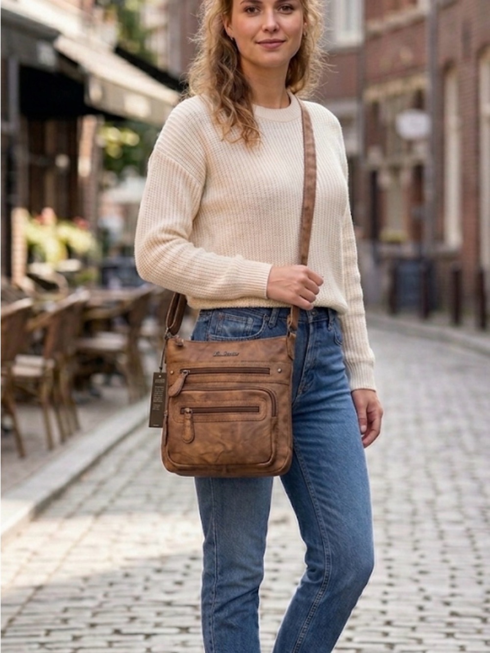 Angel Barcelo Crossbody Bag Brown Multi Pocket Faux Leather (B179)